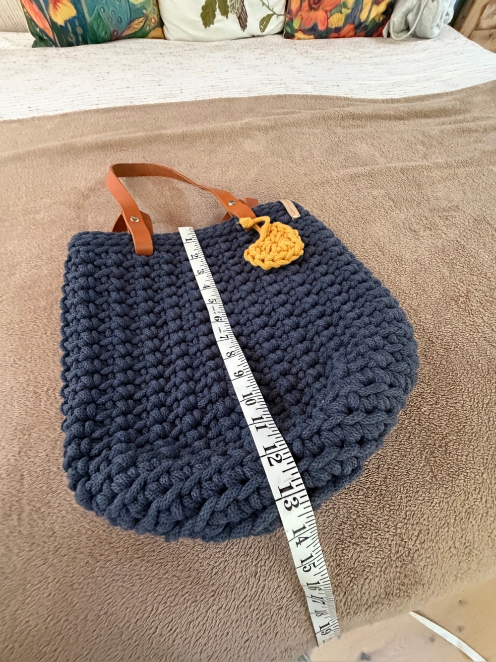 Navy Crochet Tote with Tan Leather Straps and Mustard Heart Accent - Picture 6 of 8